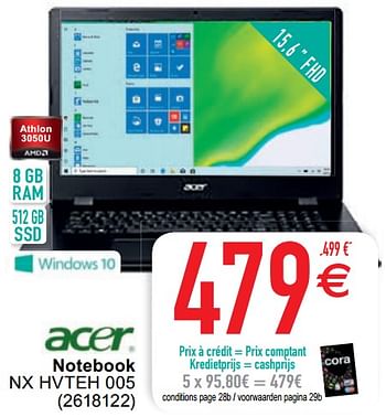 Promotions Acer notebook nx hvteh 005 - Acer - Valide de 13/10/2020 à 26/10/2020 chez Cora