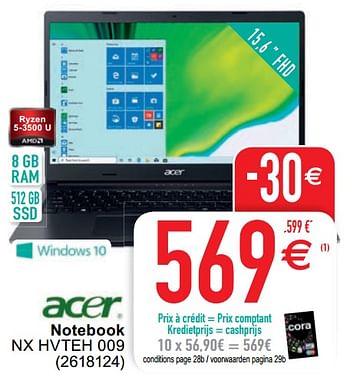 Promoties Acer notebook nx hvteh 009 - Acer - Geldig van 13/10/2020 tot 26/10/2020 bij Cora