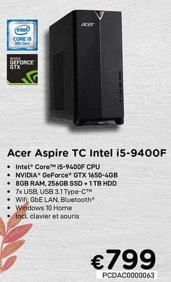 Promotions Acer aspire tc intel i5-9400f - Acer - Valide de 01/10/2020 à 31/10/2020 chez Compudeals
