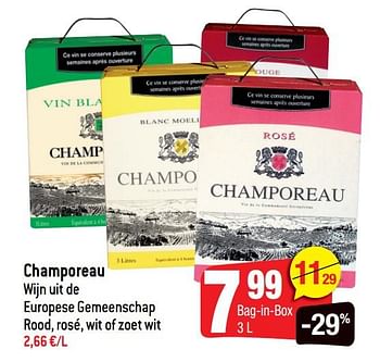 Promoties Champoreau wijn uit de europese gemeenschap rood rosé wit of zoet wit - Rode wijnen - Geldig van 14/10/2020 tot 20/10/2020 bij Smatch