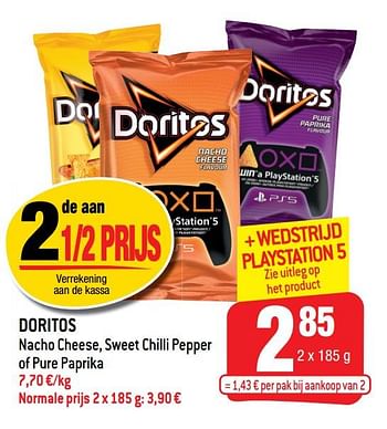 Promoties Doritos nacho cheese sweet chilli pepper of pure paprika - Doritos - Geldig van 14/10/2020 tot 20/10/2020 bij Smatch