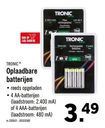 Promoties Oplaadbare batterijen - Tronic - Geldig van 19/10/2020 tot 24/10/2020 bij Lidl