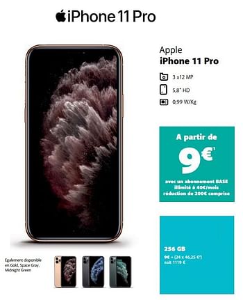 Promotions Apple iphone 11 pro 256 gb - Apple - Valide de 12/10/2020 à 09/11/2020 chez Base