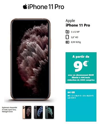 Promotions Apple iphone 11 pro 64 gb - Apple - Valide de 12/10/2020 à 09/11/2020 chez Base