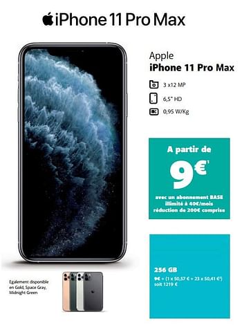 Promotions Apple iphone 11 pro max 256 gb - Apple - Valide de 12/10/2020 à 09/11/2020 chez Base