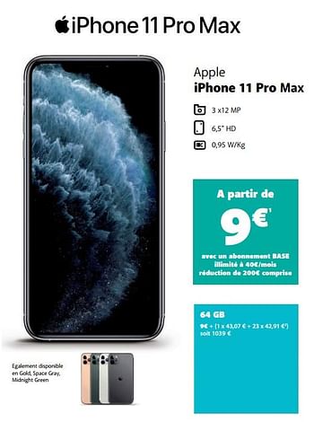 Promotions Apple iphone 11 pro max 64 gb - Apple - Valide de 12/10/2020 à 09/11/2020 chez Base