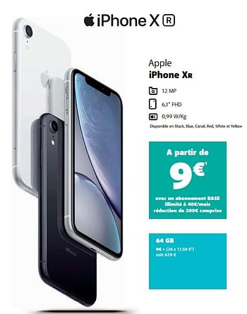 Promotions Apple iphone xr 64 gb - Apple - Valide de 12/10/2020 à 09/11/2020 chez Base