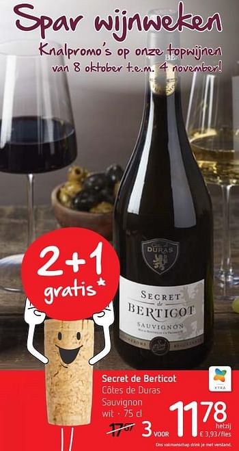 Promotions Secret de berticot côtes de duras sauvignon wit - Vins rouges - Valide de 22/10/2020 à 04/11/2020 chez Spar (Colruytgroup)