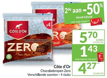Promoties Côte d`or chocoladerepen zero - Cote D'Or - Geldig van 20/10/2020 tot 25/10/2020 bij Intermarche
