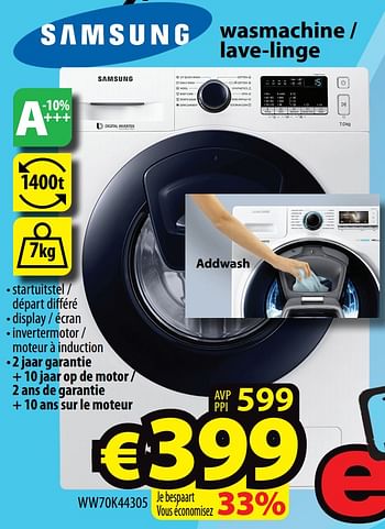 Promotions Samsung wasmachine - lave-linge ww70k44305 - Samsung - Valide de 21/10/2020 à 28/10/2020 chez ElectroStock