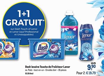 Promoties Dash lessive touche de fraîcheur lenor pods - tout-en-un - envolée d`air - Huismerk - Makro - Geldig van 21/10/2020 tot 03/11/2020 bij Makro