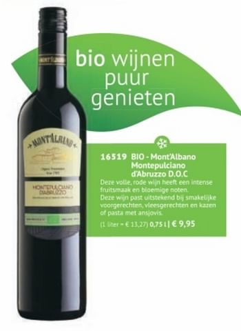 Promoties Bio-mont`albano montepulciano d`abruzzo d.o.c - Rode wijnen - Geldig van 28/09/2020 tot 28/03/2021 bij Bofrost