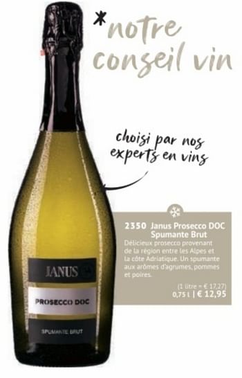 Promotions Janus prosccco doc spumante brut - Mousseux - Valide de 28/09/2020 à 28/03/2021 chez Bofrost
