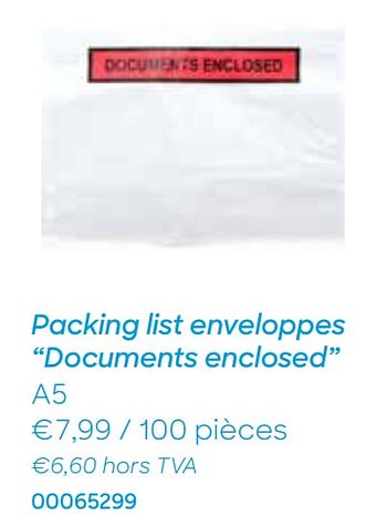 Promotions Packing list enveloppes documents enclosed - Produit Maison - Ava - Valide de 20/10/2020 à 30/11/2020 chez Ava