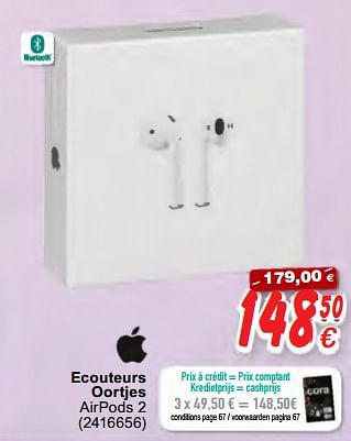 Promotions Apple ecouteurs oortjes airpods 2 - Apple - Valide de 16/10/2020 à 06/12/2020 chez Cora