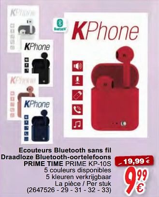 Promotions Ecouteurs bluetooth sans fil draadloze bluetooth-oortelefoons prime time prime kp-10s - Produit maison - Cora - Valide de 16/10/2020 à 06/12/2020 chez Cora