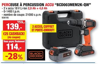 Promotions Black + decker perceuse à percussion accu bcd003mem2k-qw - Black & Descker - Valide de 14/10/2020 à 25/10/2020 chez Hubo