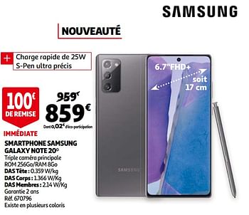 Promotions Smartphone samsung galaxy note 20 - Samsung - Valide de 21/10/2020 à 27/10/2020 chez Auchan Ronq