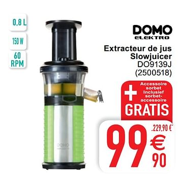 Promoties Domo elektro extracteur de jus slowjuicer do9139j - Domo elektro - Geldig van 20/10/2020 tot 02/11/2020 bij Cora