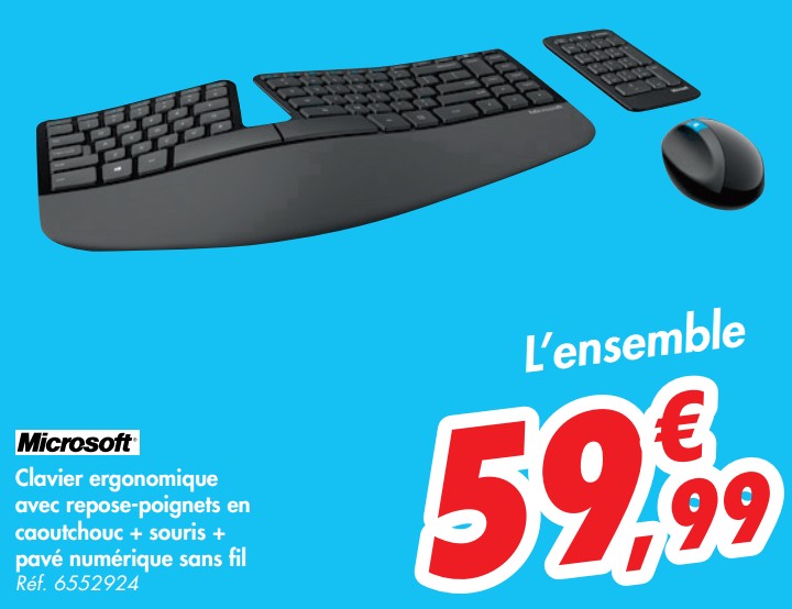 Promotions Microsoft clavier ergonomique avec repose-poignets en caoutchouc + souris + pavé numérique sans fil - Microsoft - Valide de 21/10/2020 à 27/10/2020 chez Carrefour