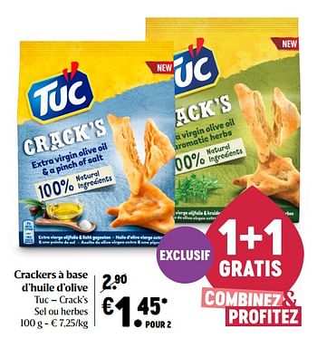 Promoties Crackers à base d`huile d`olive tuc - Tuc - Geldig van 22/10/2020 tot 28/10/2020 bij Delhaize