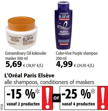 Promotions L`oréal paris elsève alle shampoos, conditioners of maskers - L'Oreal Paris - Valide de 21/10/2020 à 03/11/2020 chez Colruyt