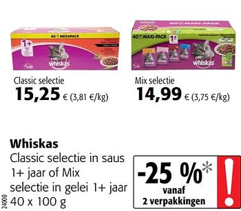 Promotions Whiskas classic selectie in saus 1+ jaar of mix selectie in gelei 1+ jaar - Whiskas - Valide de 21/10/2020 à 03/11/2020 chez Colruyt
