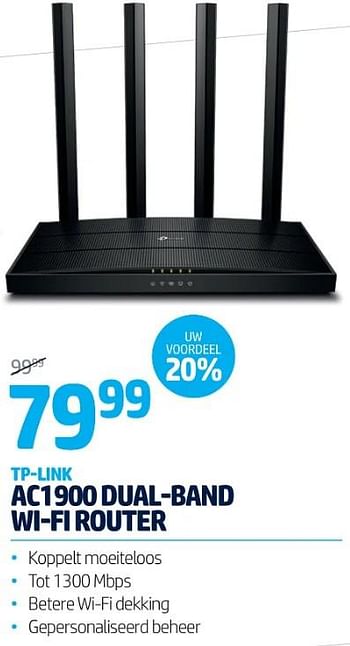 Promoties Tp-link ac1900 dual-band wi-fi router - TP-LINK - Geldig van 26/10/2020 tot 08/11/2020 bij Auva