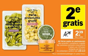 Promotions Ah verse pasta en pastasauzen pastasaus pomodori-mascarpone - Produit Maison - Albert Heijn - Valide de 26/10/2020 à 01/11/2020 chez Albert Heijn