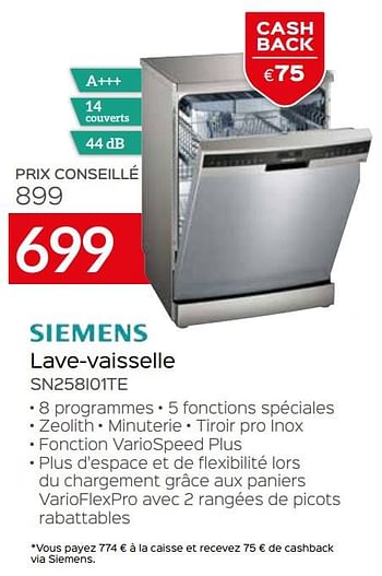 Promotions Siemens lave-vaisselle sn258i01te - Siemens - Valide de 16/10/2020 à 15/11/2020 chez Selexion