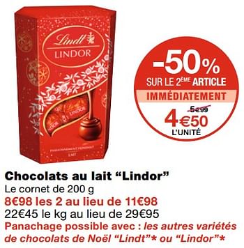 Promoties Chocolats au lait lindor - Lindt - Geldig van 21/10/2020 tot 01/11/2020 bij MonoPrix