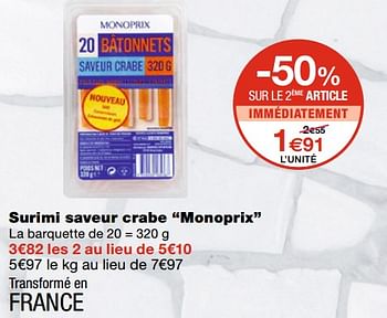 Promotions Surimi saveur crabe monoprix - Produit Maison - MonoPrix - Valide de 21/10/2020 à 01/11/2020 chez MonoPrix