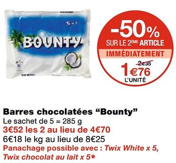 Promoties Barres chocolatées bounty - Bounty - Geldig van 21/10/2020 tot 01/11/2020 bij MonoPrix