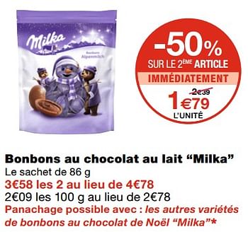 Promoties Bonbons au chocolat au lait milka - Milka - Geldig van 21/10/2020 tot 01/11/2020 bij MonoPrix