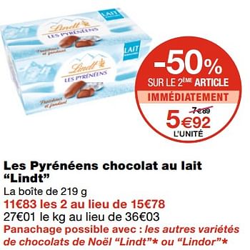 Promoties Les pyrénéens chocolat au lait lindt - Lindt - Geldig van 21/10/2020 tot 01/11/2020 bij MonoPrix