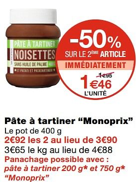 Promotions Pâte à tartiner monoprix - Produit Maison - MonoPrix - Valide de 21/10/2020 à 01/11/2020 chez MonoPrix
