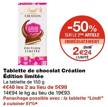 Promotions Tablette de chocolat création édition limitée - Lindt - Valide de 21/10/2020 à 01/11/2020 chez MonoPrix