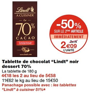 Promotions Tablette de chocolat lindt noir dessert 70% - Lindt - Valide de 21/10/2020 à 01/11/2020 chez MonoPrix