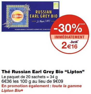 Promotions Thé russian earl grey bio lipton - Lipton - Valide de 21/10/2020 à 01/11/2020 chez MonoPrix