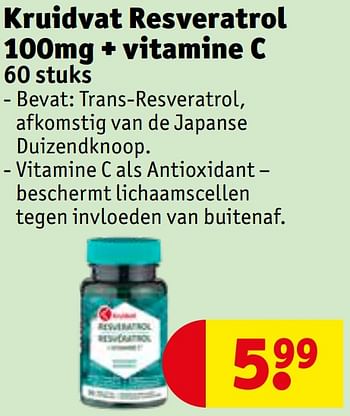 Promoties Kruidvat resveratrol 100mg + vitamine c - Huismerk - Kruidvat - Geldig van 27/10/2020 tot 08/11/2020 bij Kruidvat