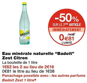 Promotions Eau minérale naturelle badoit zest citron - Badoit - Valide de 21/10/2020 à 01/11/2020 chez MonoPrix