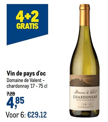 Promoties Vin de pays d`oc domaine de valent - chardonnay `17 - Witte wijnen - Geldig van 04/11/2020 tot 17/11/2020 bij Makro