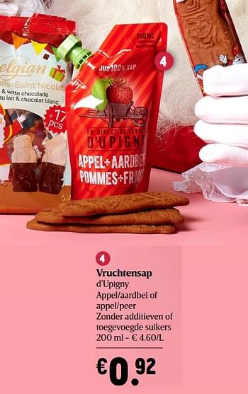 Promoties Vruchtensap d`upigny appel-aardbei of appel-peer zonder additieven of toegevoegde suikers - d’Upigny - Geldig van 05/11/2020 tot 11/11/2020 bij Delhaize
