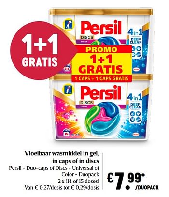 Promoties Vloeibaar wasmiddel in gel in caps of in discs persil - duo-caps of discs - universal of color - duopack - Persil - Geldig van 05/11/2020 tot 11/11/2020 bij Delhaize