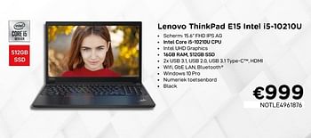 Promoties Lenovo thinkpad e15 intel i5-10210u - Lenovo - Geldig van 01/11/2020 tot 30/11/2020 bij Compudeals