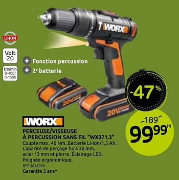 Promotions Perceuse-visseuse à percussion wx371.3 worx - Worx - Valide de 18/11/2020 à 30/11/2020 chez BricoPlanit