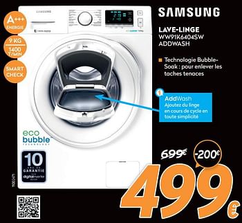Promotions Samsung lave-linge ww91k6404qw addwash - Samsung - Valide de 16/11/2020 à 30/11/2020 chez Krefel