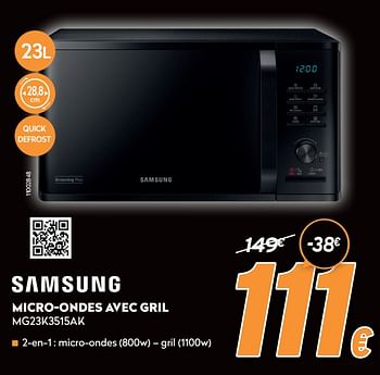 Promotions Samsung micro-ondes avec gril mg23k3515ak - Samsung - Valide de 16/11/2020 à 30/11/2020 chez Krefel