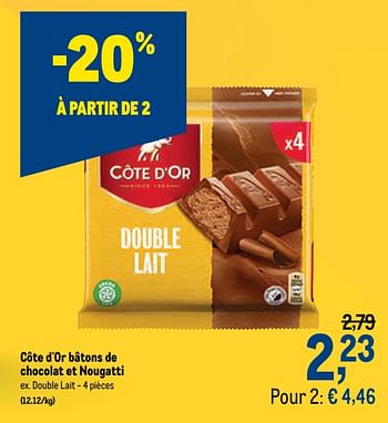 Promotions Côte d`or bâtons de chocolat et nougatti double lait - Cote D'Or - Valide de 18/11/2020 à 01/12/2020 chez Makro