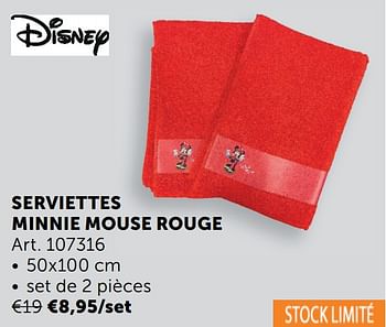 Promotions Serviettes minnie mouse rouge - Disney - Valide de 17/11/2020 à 25/12/2020 chez Zelfbouwmarkt